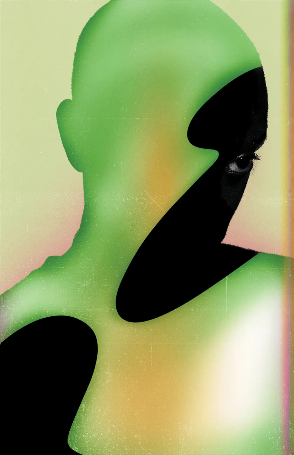 Une figure sculptée verte, le visage dans l'ombre