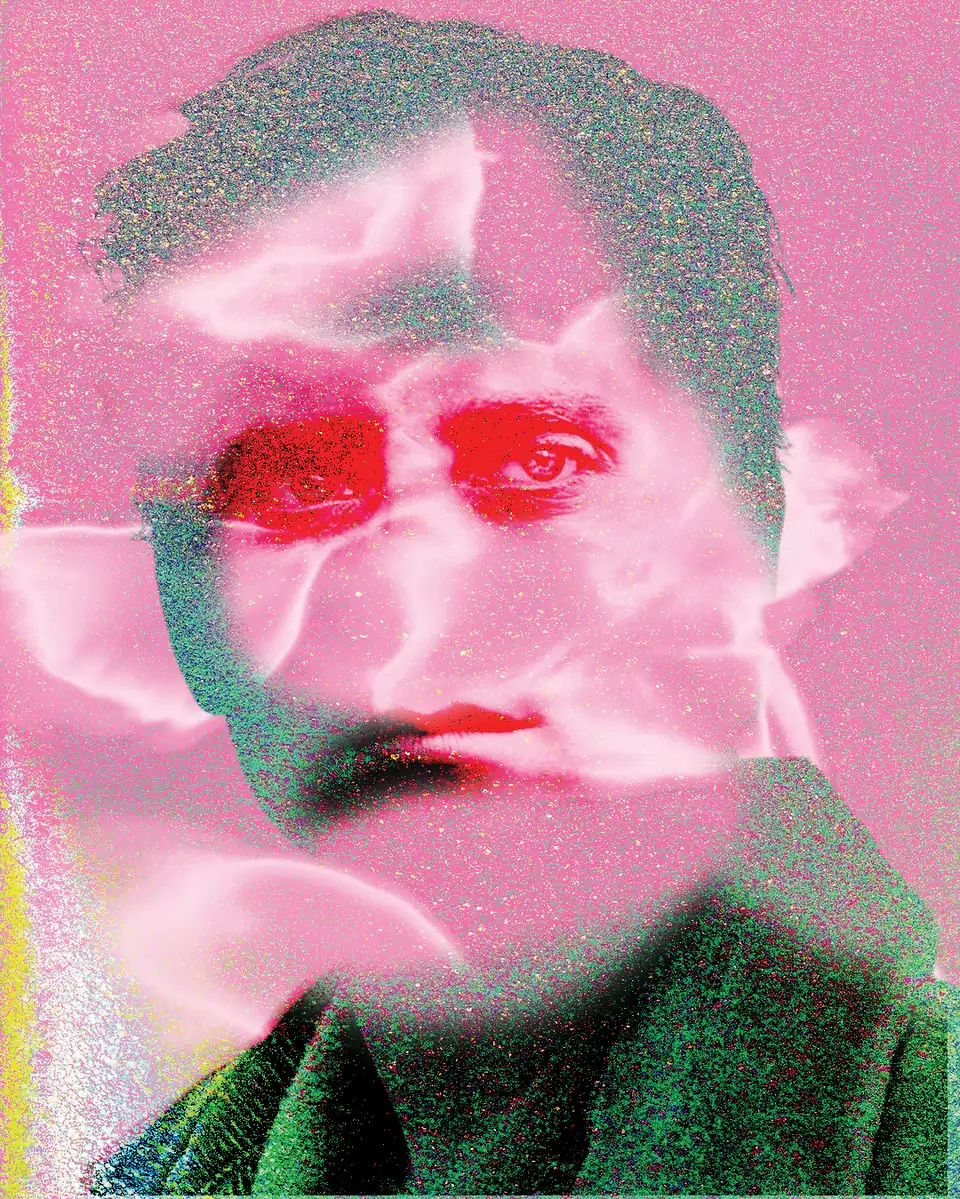 Un visage qui se dissout dans le rose et le rouge
